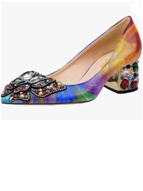YDN Multicolor Jeweled Pointed Toe Block Heel Pump